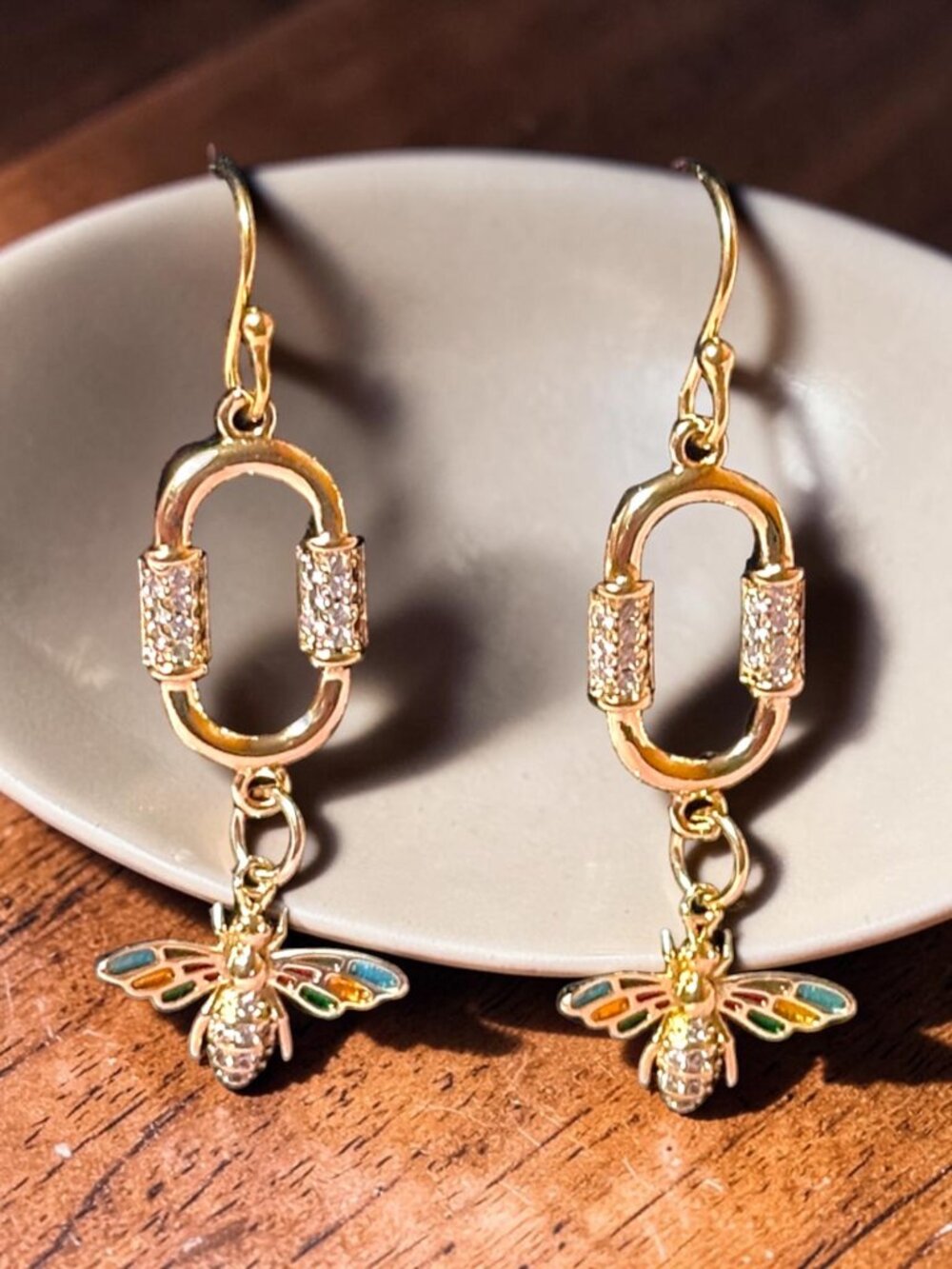 Gold Filled Bee Earrings Paperclip CZ Enamel Dangle Handmade 18KT - Picture 10 of 13